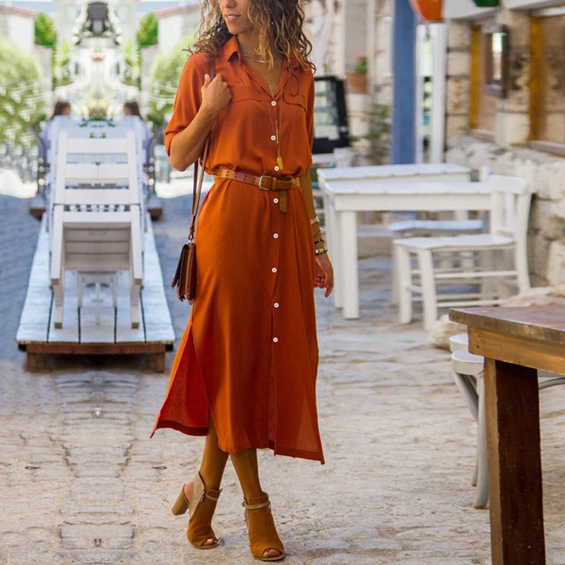 Elegant Button-Down Shirt Dress For Womenlong-Sleeve Shirt Dress In Bohemian Style With Belt