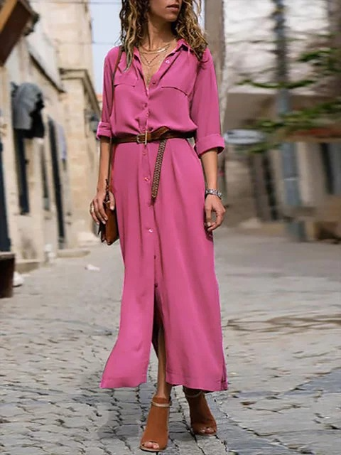 Elegant Button-Down Shirt Dress For Womenlong-Sleeve Shirt Dress In Bohemian Style With Belt