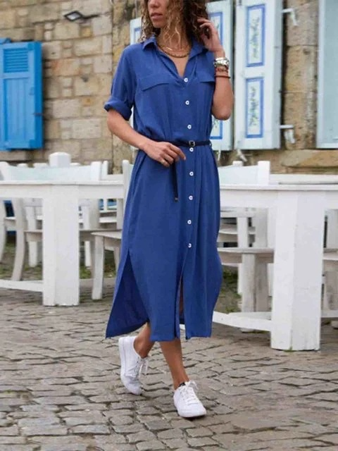 Elegant Button-Down Shirt Dress For Womenlong-Sleeve Shirt Dress In Bohemian Style With Belt