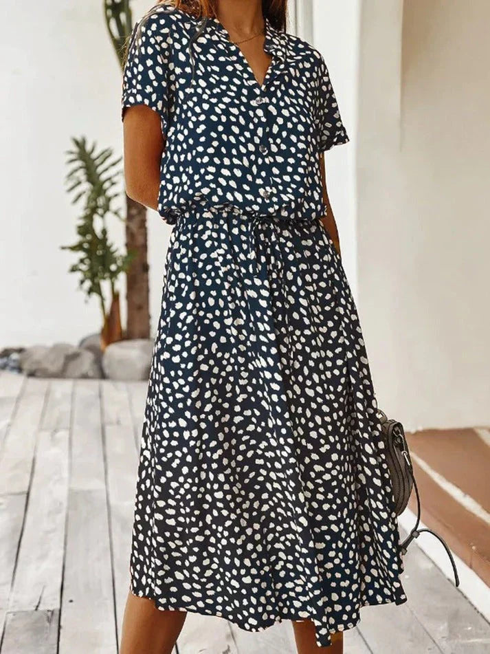 Elegant Short-Sleeved Shirt Dress With Polka Dots And Drawstring At The Waist