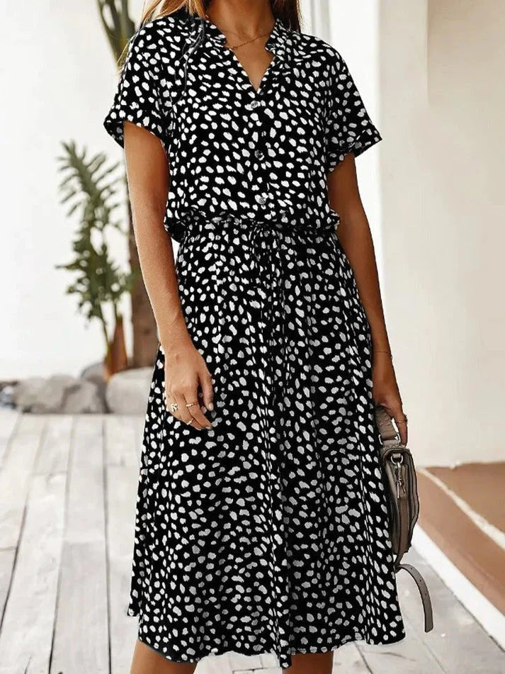 Elegant Short-Sleeved Shirt Dress With Polka Dots And Drawstring At The Waist