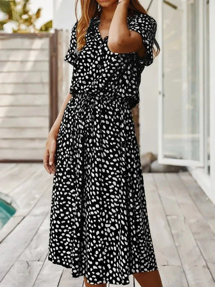 Elegant Short-Sleeved Shirt Dress With Polka Dots And Drawstring At The Waist