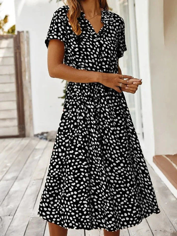 Elegant Short-Sleeved Shirt Dress With Polka Dots And Drawstring At The Waist