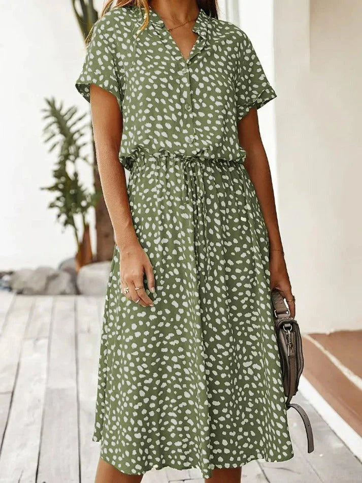 Elegant Short-Sleeved Shirt Dress With Polka Dots And Drawstring At The Waist