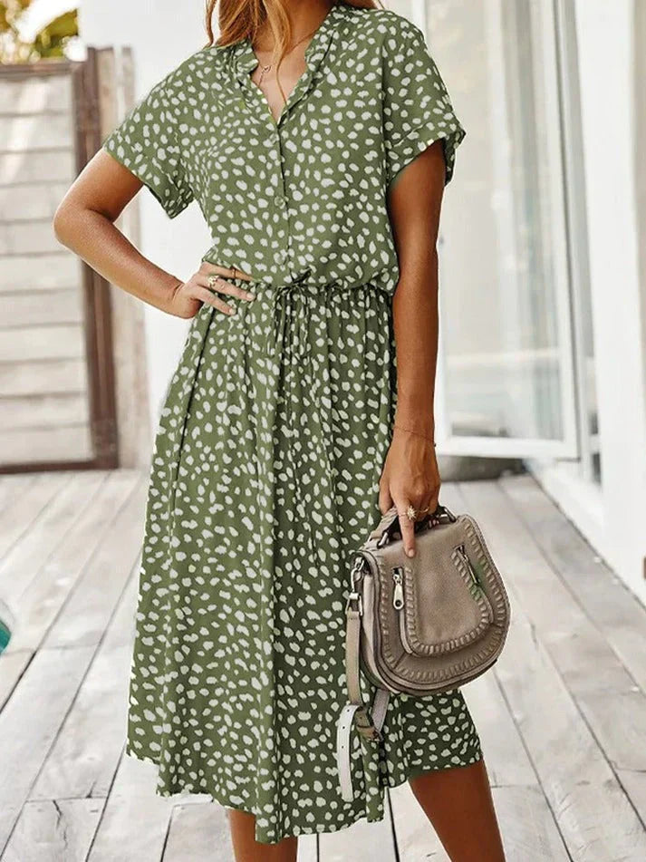 Elegant Short-Sleeved Shirt Dress With Polka Dots And Drawstring At The Waist
