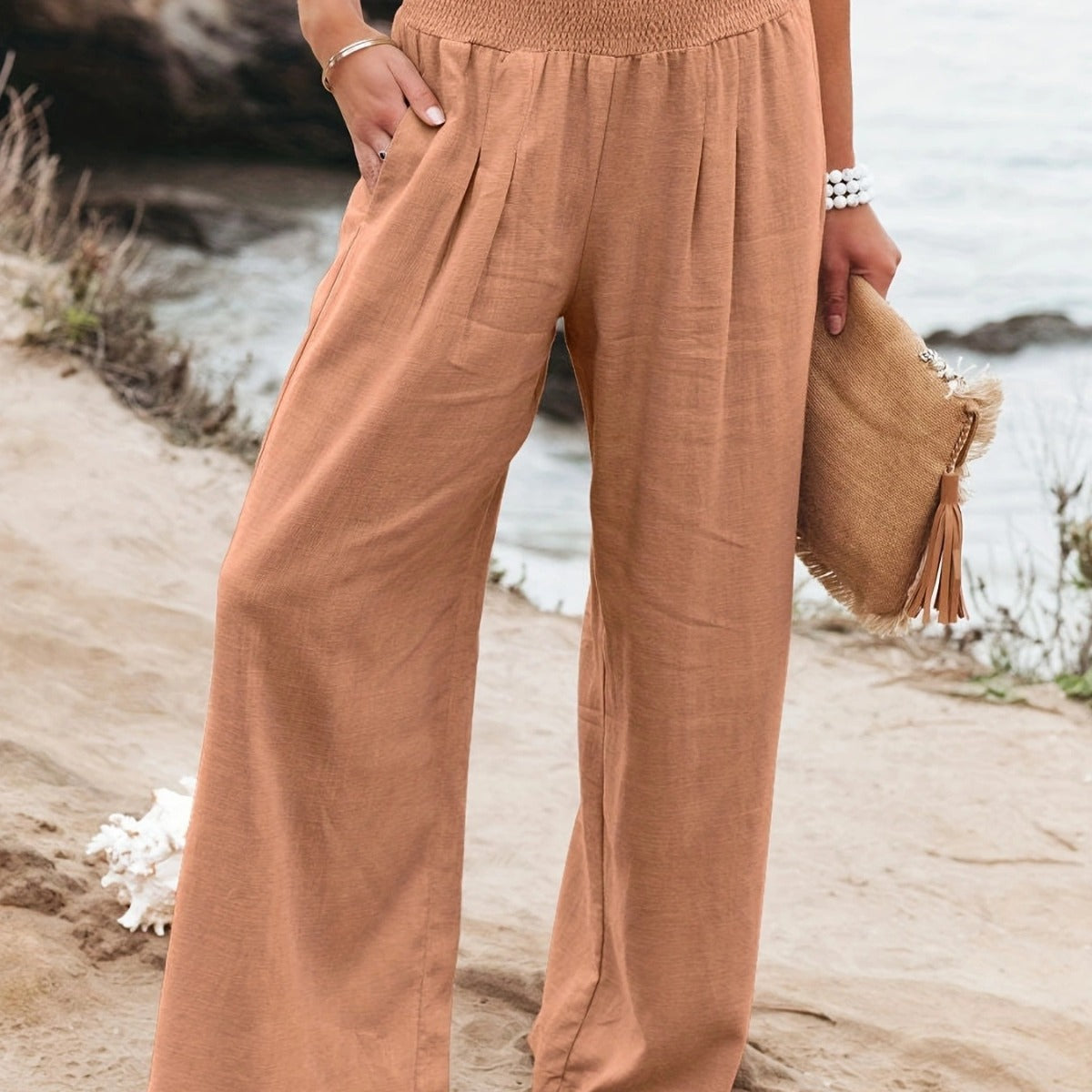 Ladies long, wide linen pants with elastic waistband