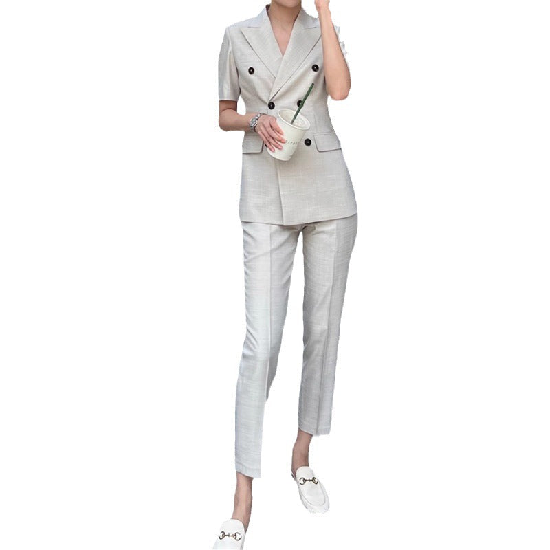 Women Short Sleeve Double Breasted Suit Set