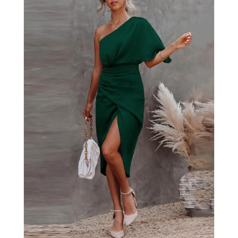 Ladies chic asymmetric evening gown with elegant slit and sophisticated draping