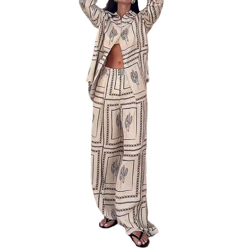 Ladies Elegant Set of Casual Blouse and Wide Cut Pants