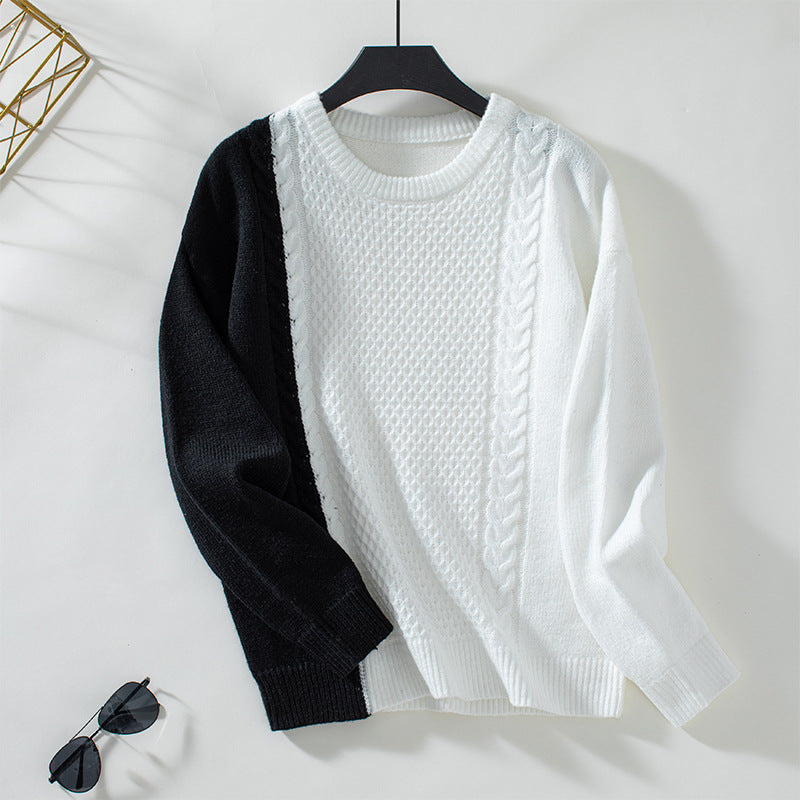 Ladies fashionable pullover with textured cable pattern and innovative color block design