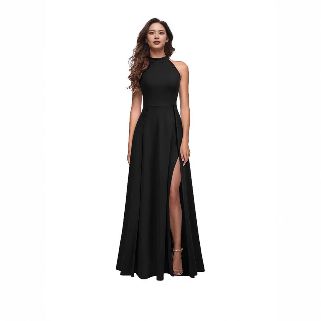 Women's maxi dress with side slit and elegant collar