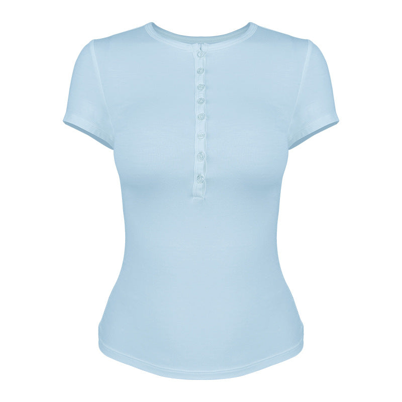 Ladies Short-Sleeve Functional Shirt with Refined Button Placket and Elastic Cut