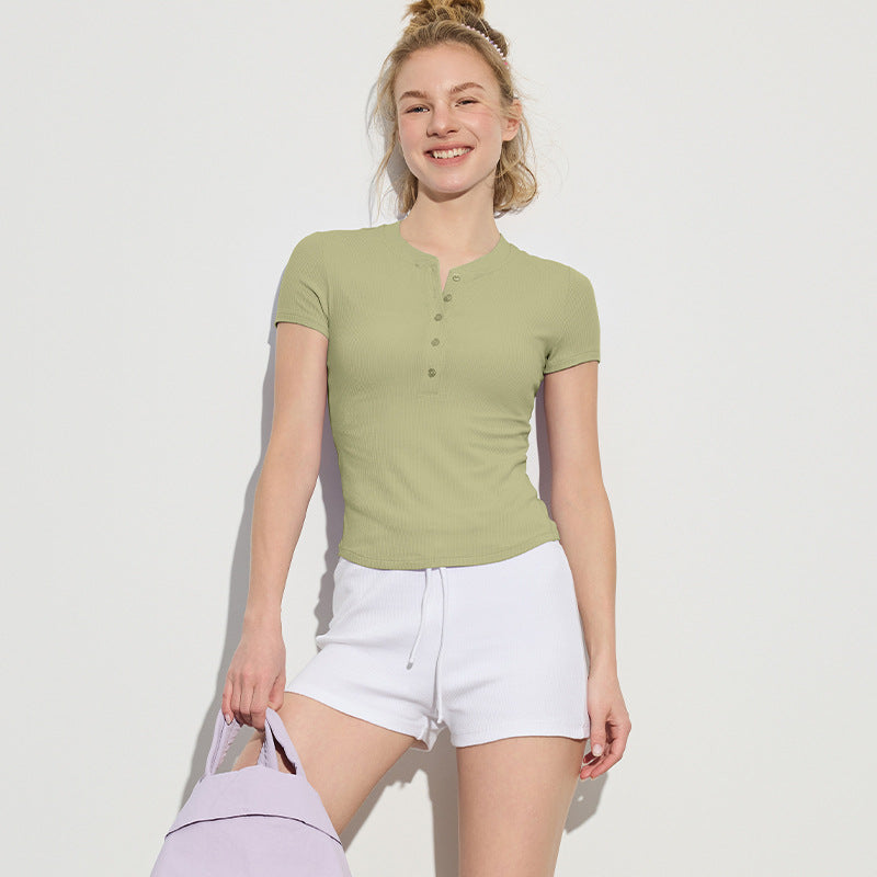 Women's modern short sleeve Henley shirt with button placket and fine rib structure