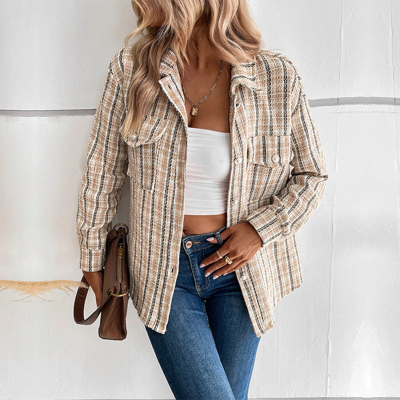 Women's checkered shirt with patch pockets and textured fabric