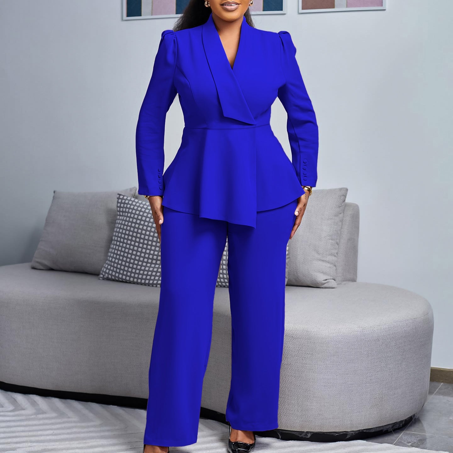 Women's suit with elegant blazer and wide pant leg