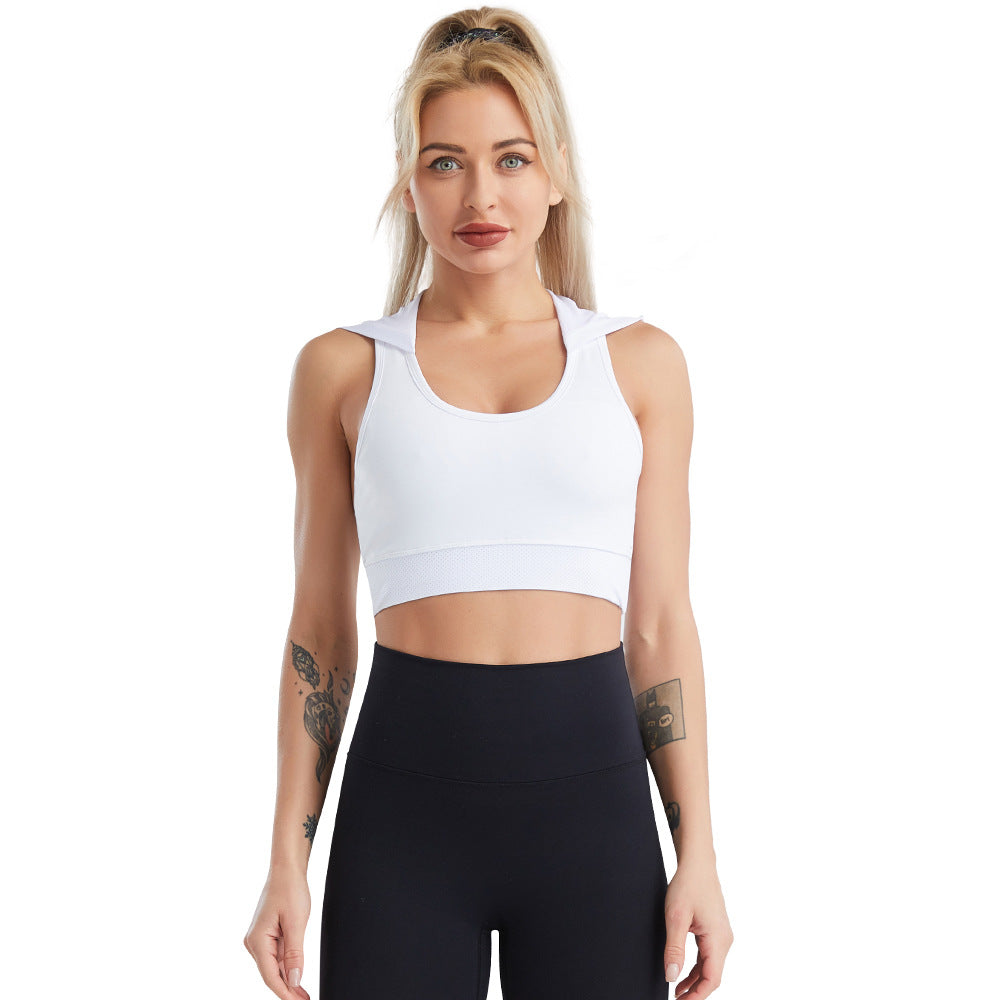 Women's sports bra with hood and breathable mesh