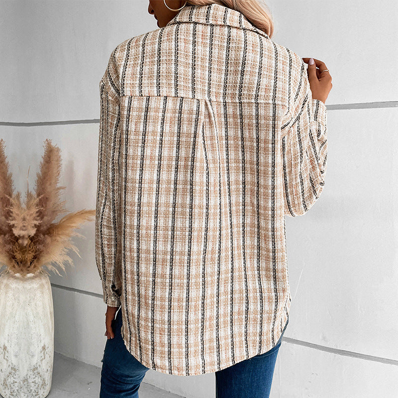Women's checkered shirt with patch pockets and textured fabric