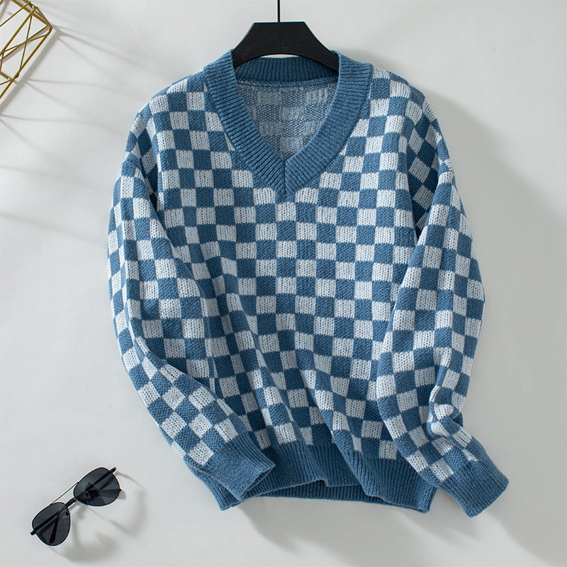 Women's Casual V-Neck pullover with Check Pattern and Loose Fit