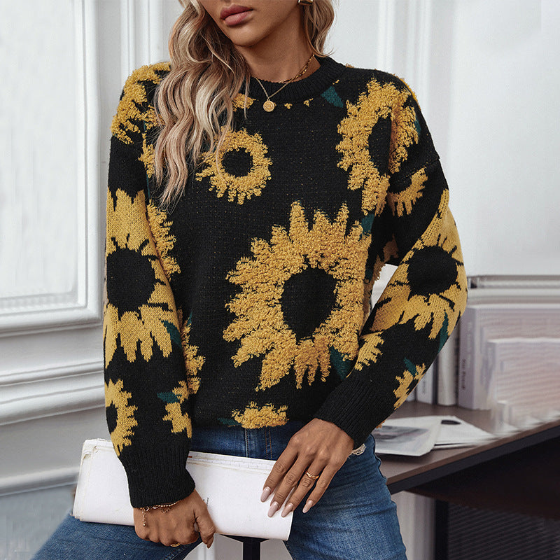 Ladies cozy pullover with sunflower motif