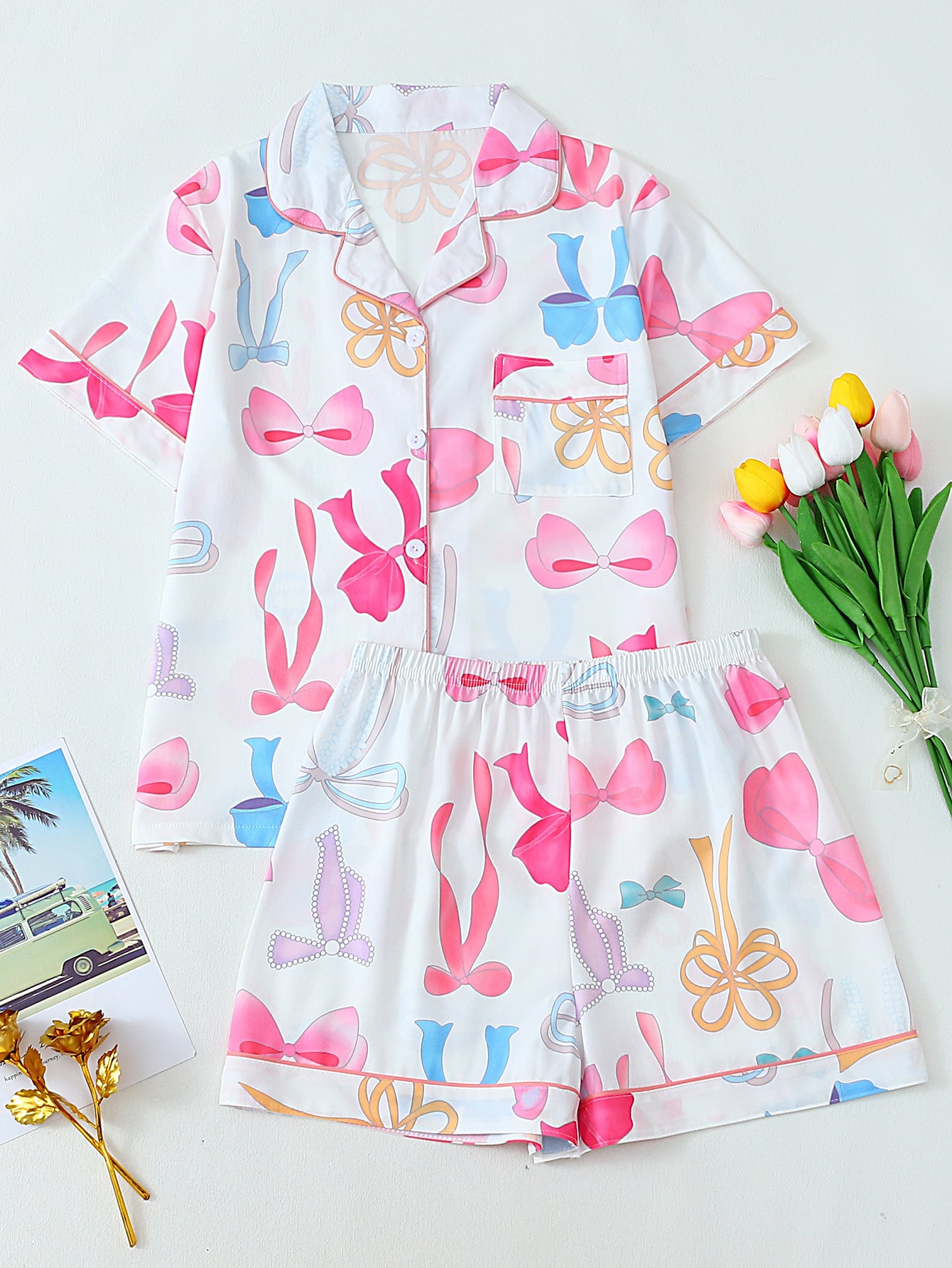 Women's pajama set with hearts and fine stripes