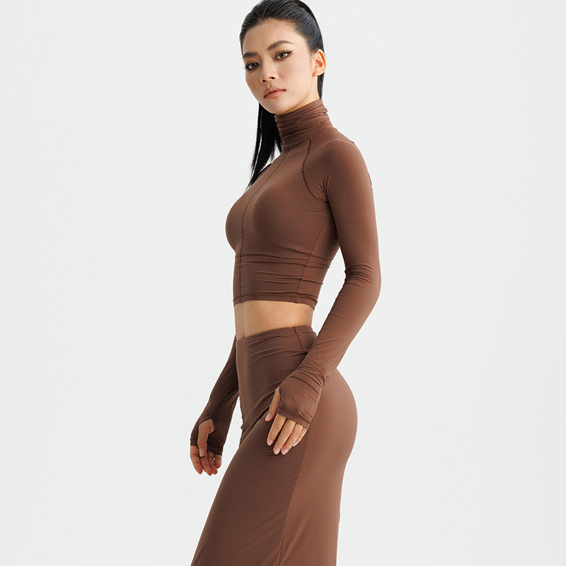 Women's cropped long sleeve top with high collar and gathering