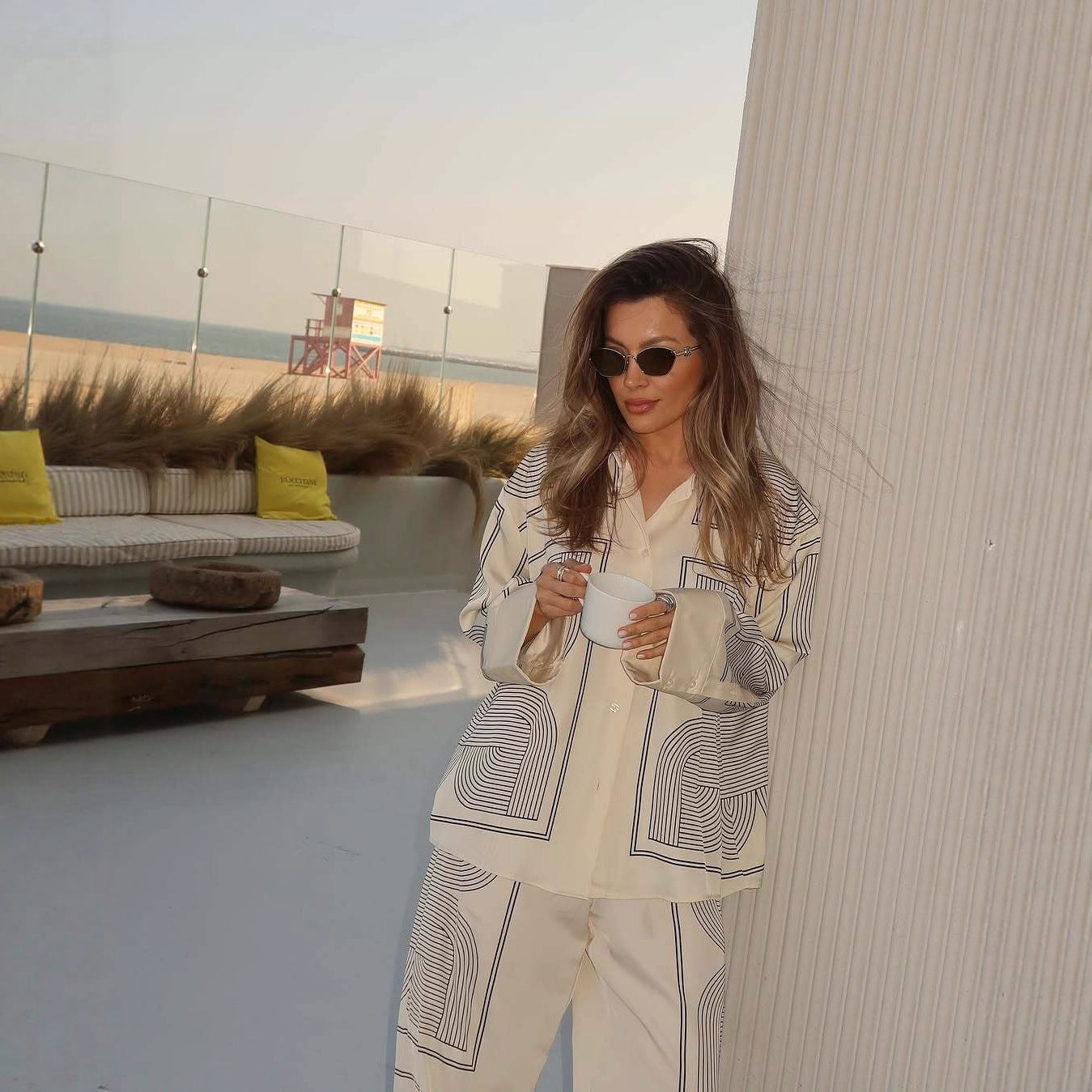 Women’s set of casual shirt and wide pants in geometric design