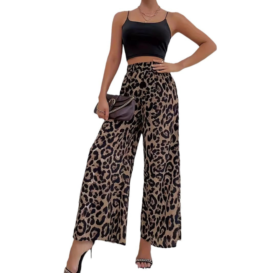 Women's Wide Leopard Pants made of flowing material with elastic waistband