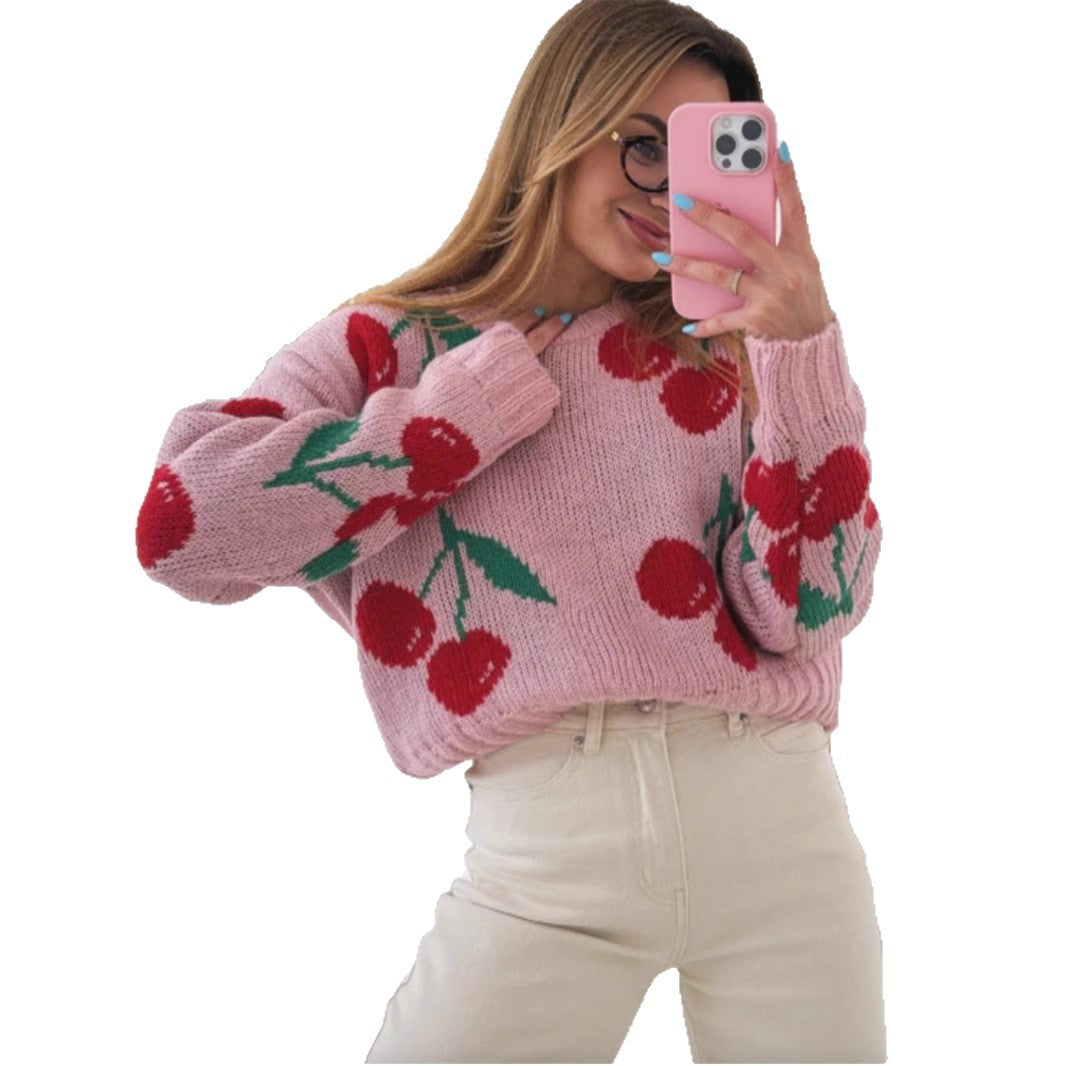 Women's casual pullover with fruity cherry pattern and soft knit