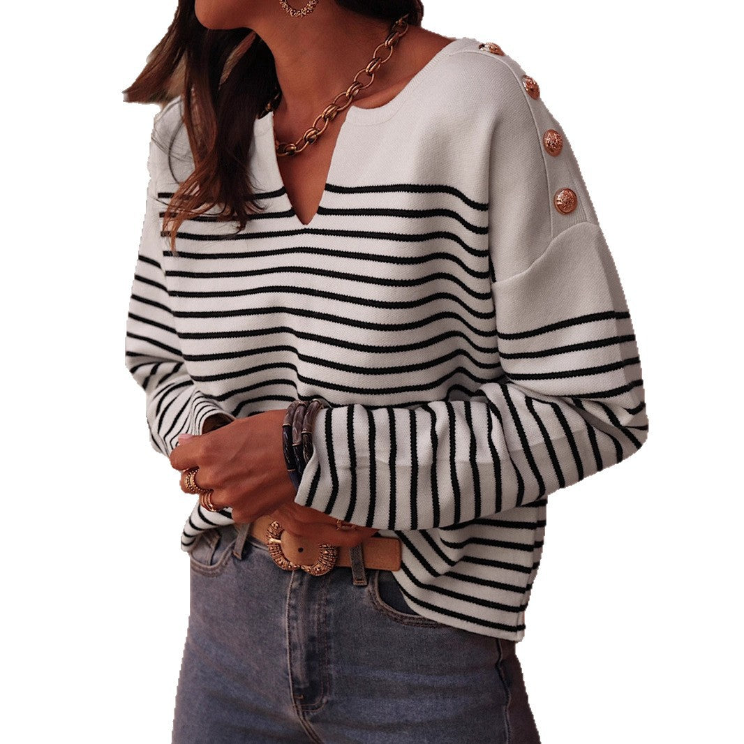Women's stylish pullover with wide stripes and elegant button details