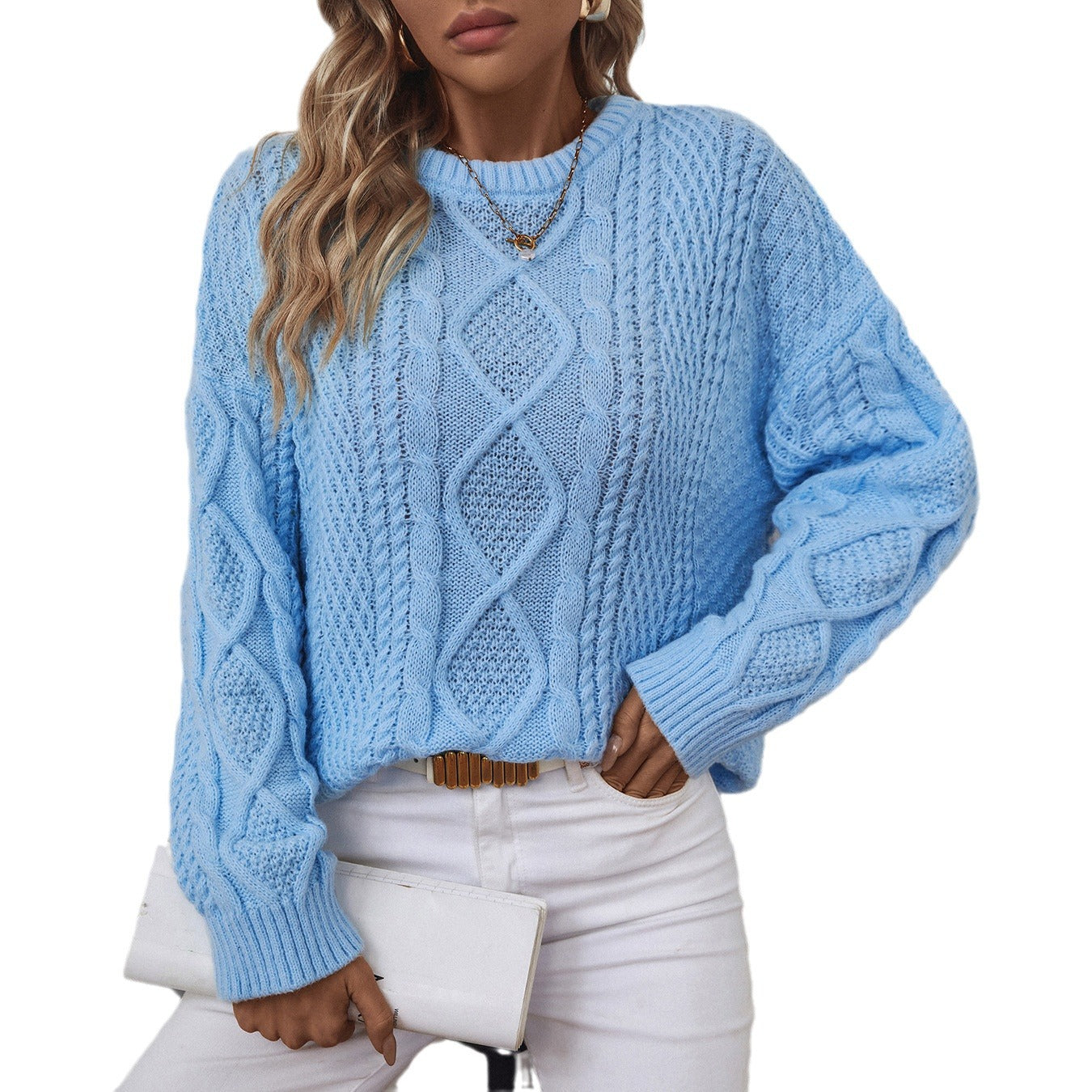 Women's knit pullover with textured cable design and round neck