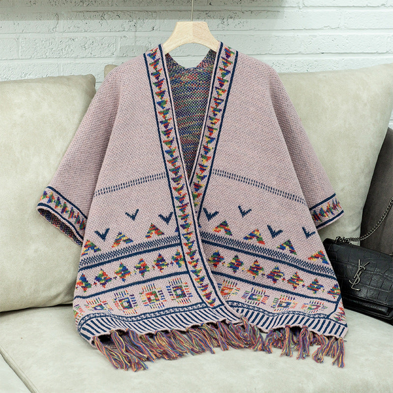 Women's stylish poncho with colorful ethnic pattern