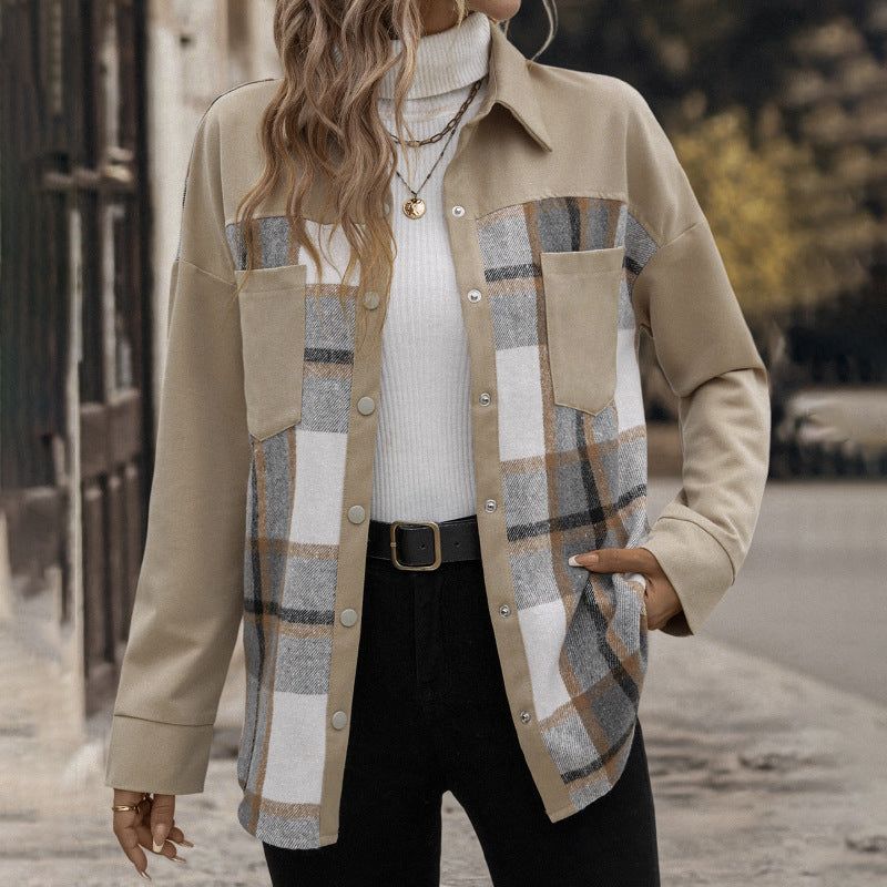 Women's Stylish Check Shirt Jacket with Chest Pockets and Button Placket