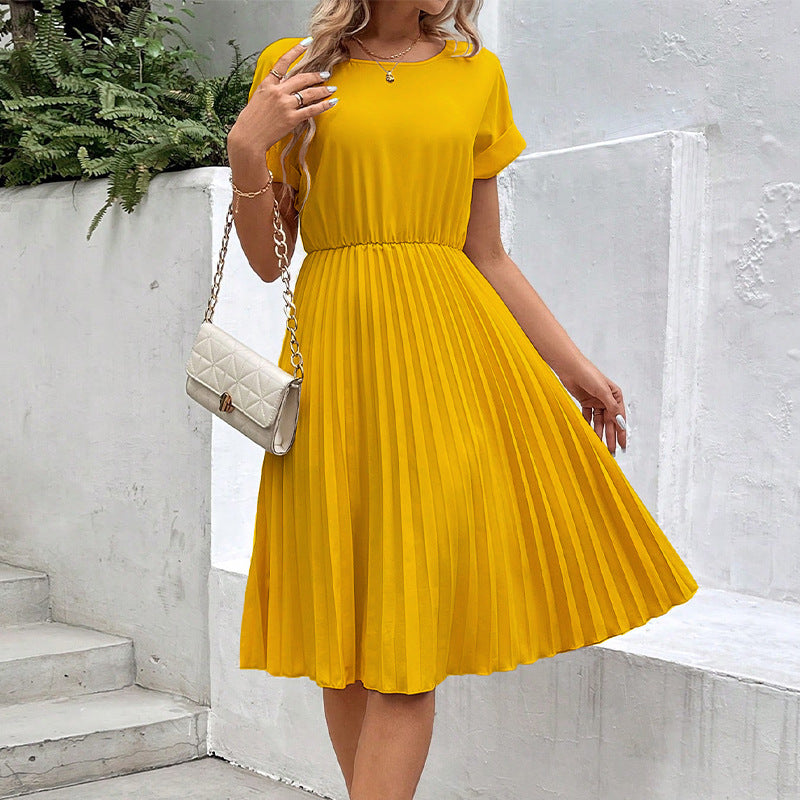Women's Pleated Midi Dress with Elastic Waist and Short Sleeves