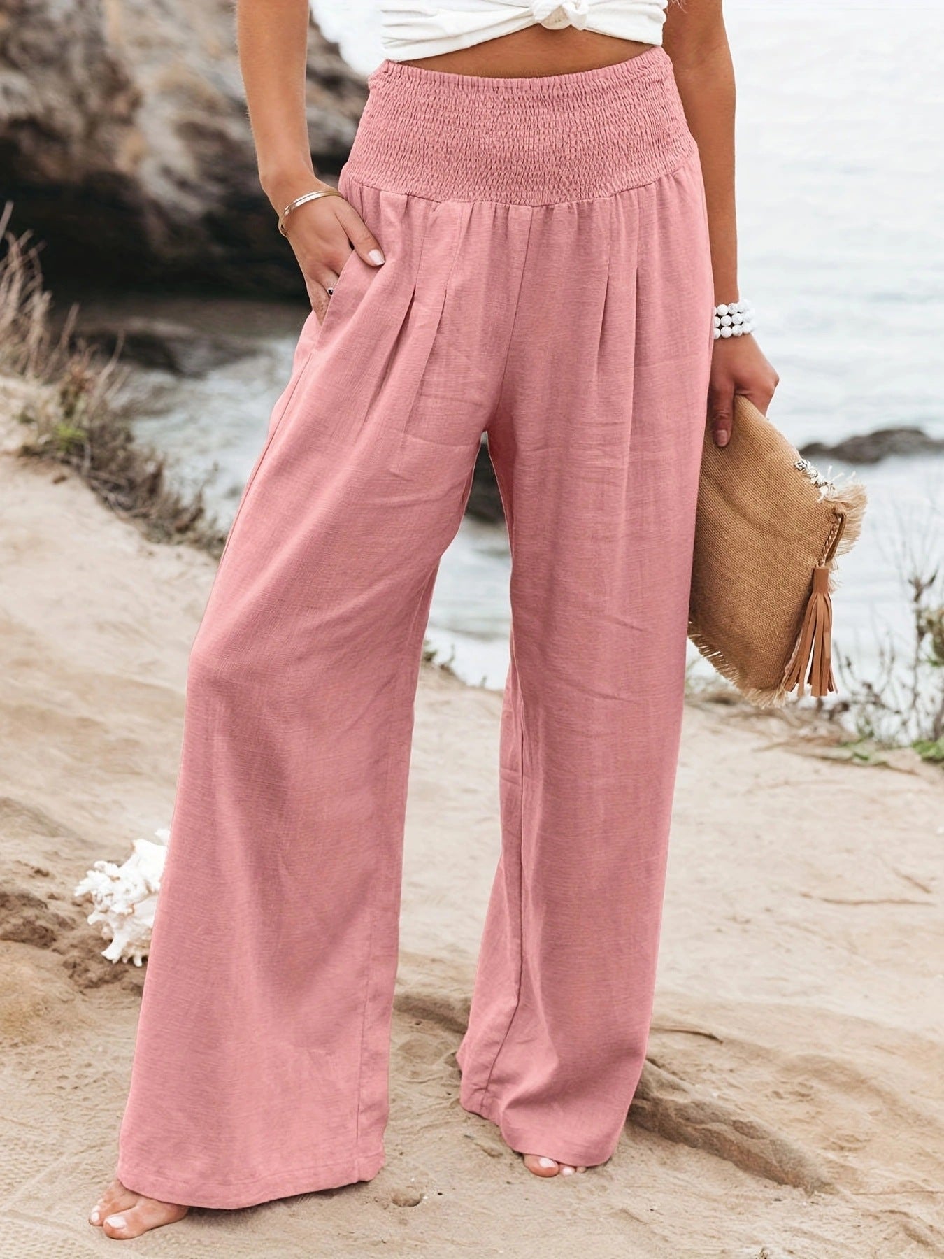 Ladies long, wide linen pants with elastic waistband