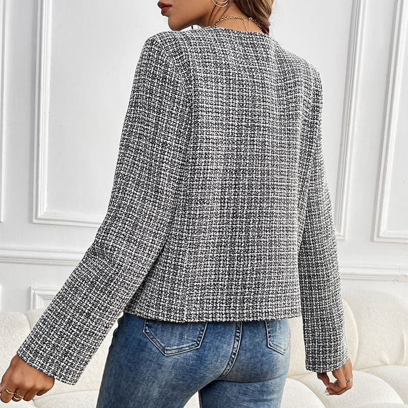 Women Elegant Tweed Jacket with Double Button Placket and Textured Fabric