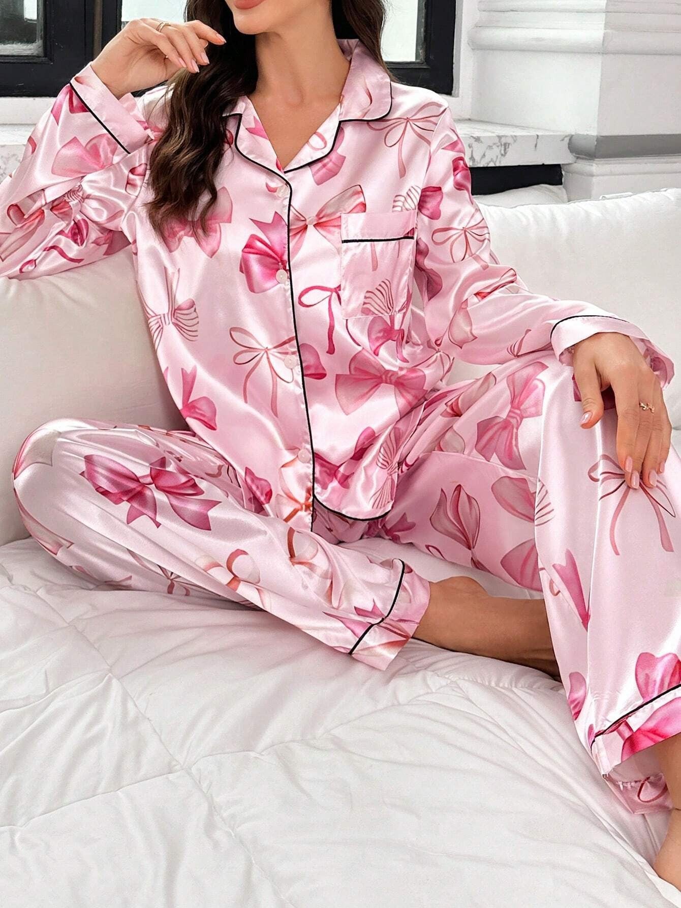 Women's Satin Pajama Set with Playful Bow Pattern