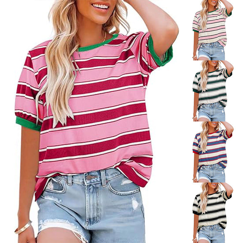 Women's casual striped T-shirt with short sleeves and round neck
