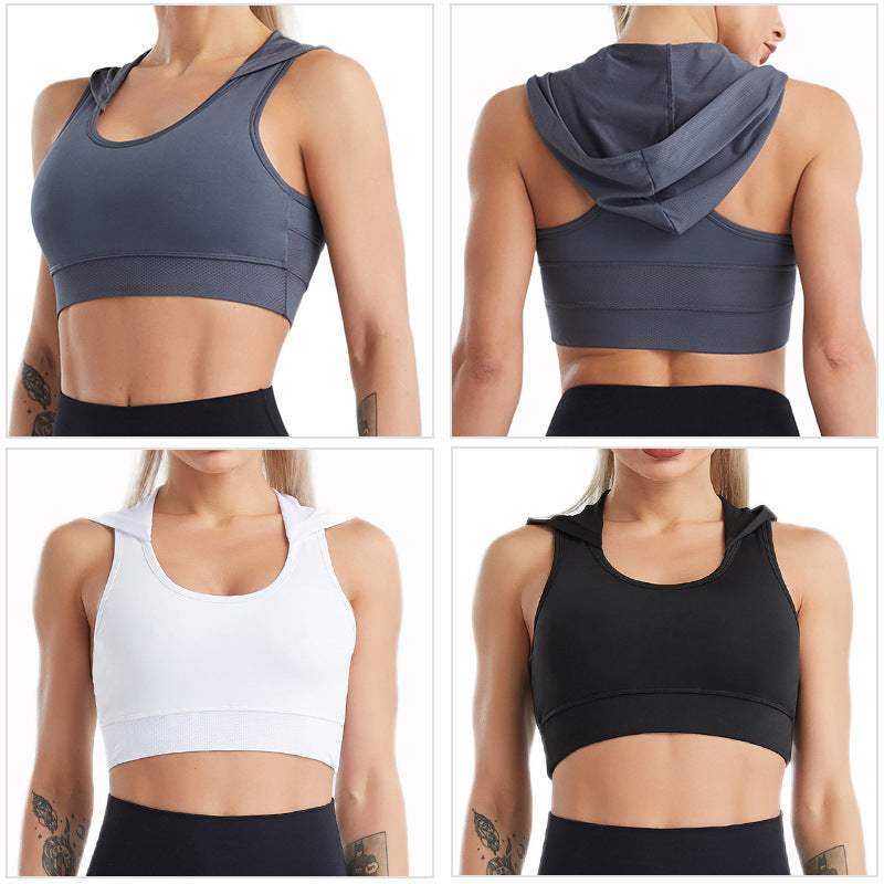 Women's sports bra with hood and breathable mesh