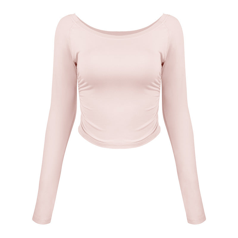 Ladies fitted long sleeve shirt with elegant gathering and round neckline