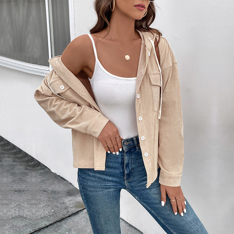 Women's cord jacket with hood and button closure