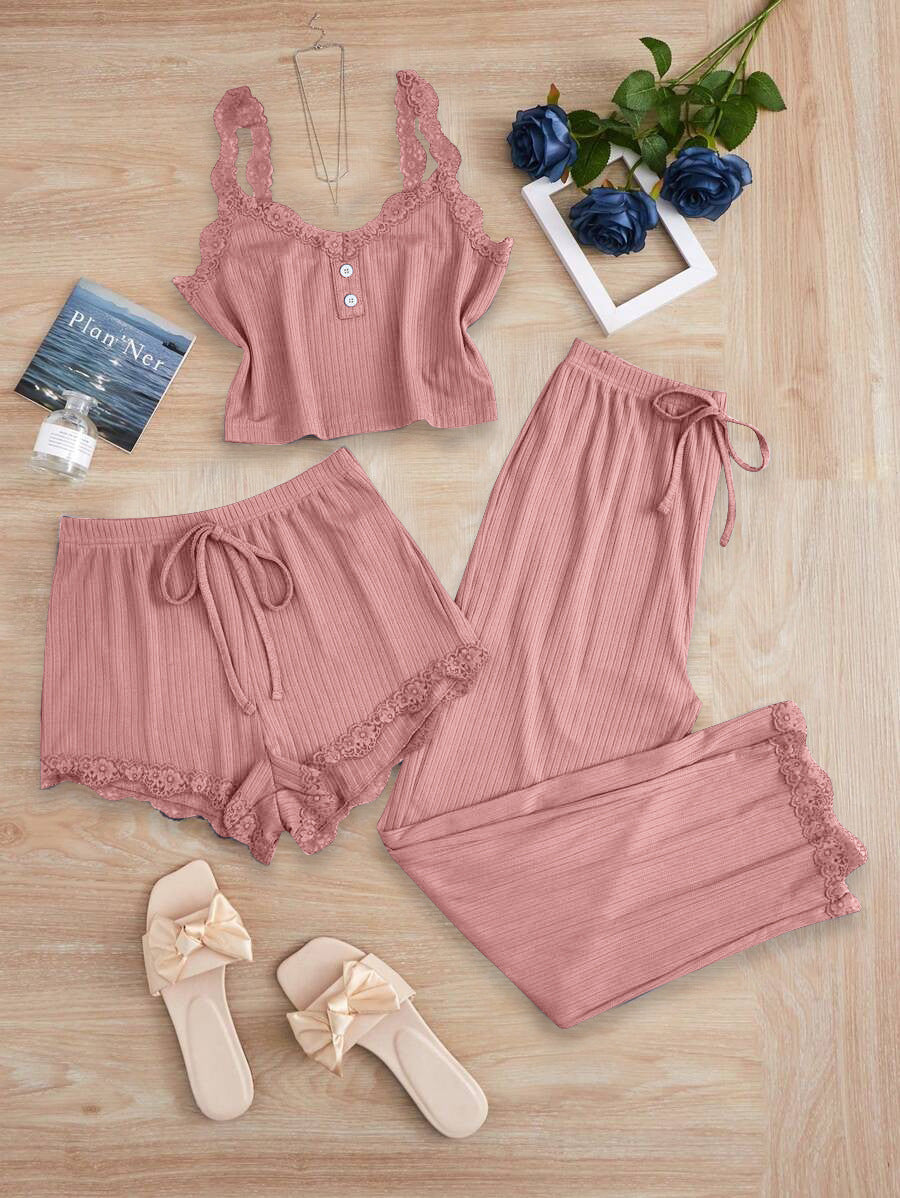 Women's Fashion Pajama Set with Lace Accents