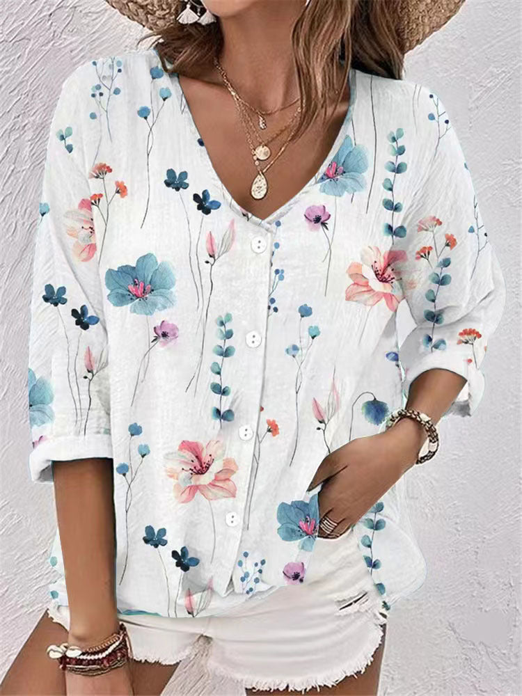 Women's blouse with floral print and modern button design