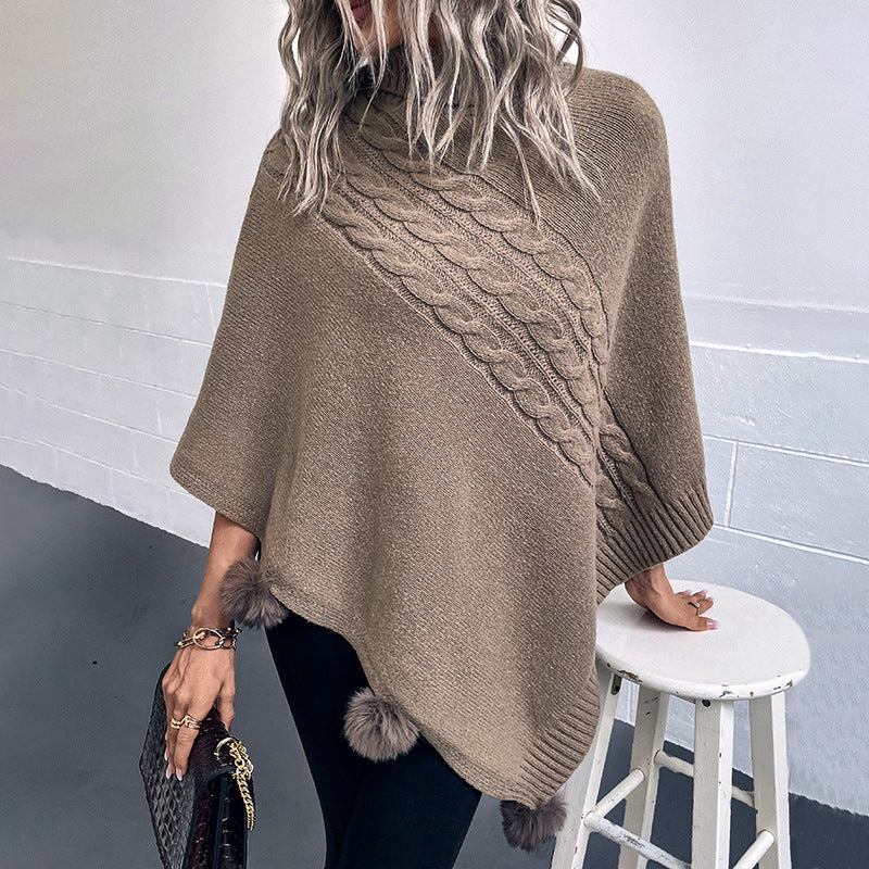 Ladies poncho with modern braid design and a high collar