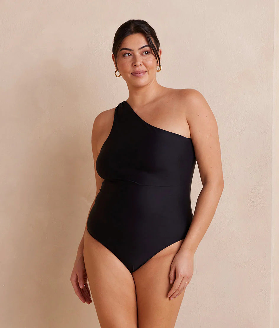 Women's Elegant One-Piece Swimsuit with Asymmetric Cut and High Neck
