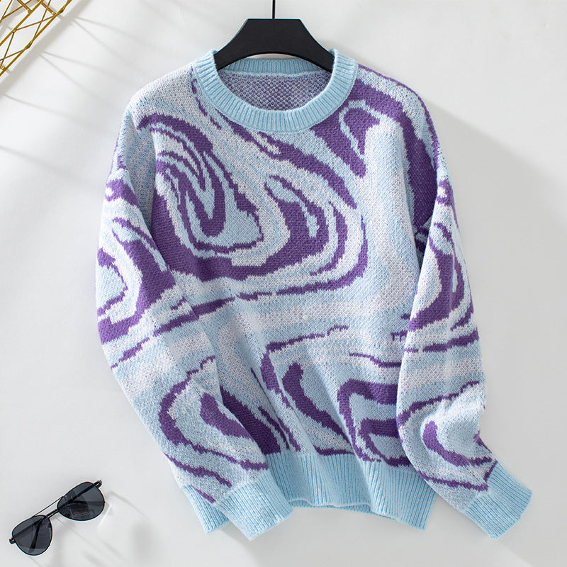 Women's patterned knitted pullover with modern wave pattern and round neck