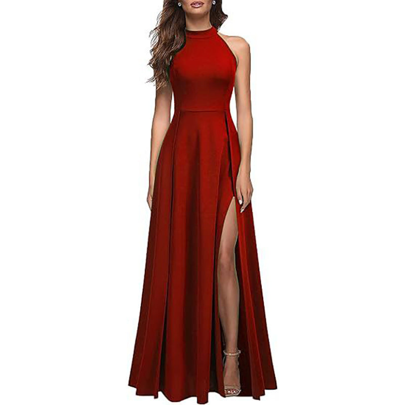 Women's maxi dress with side slit and elegant collar