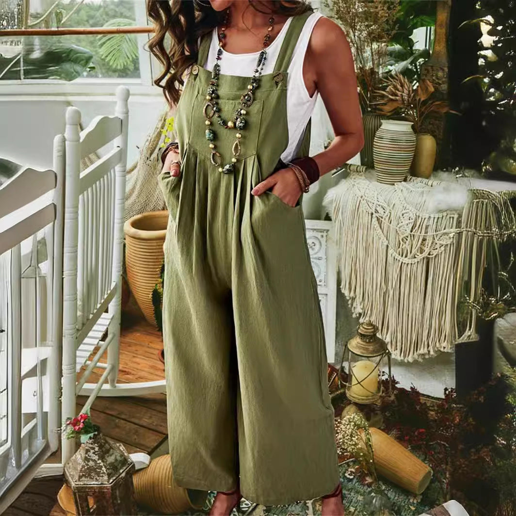 Ladies Casual Jumpsuit with Wide Leg and Pockets