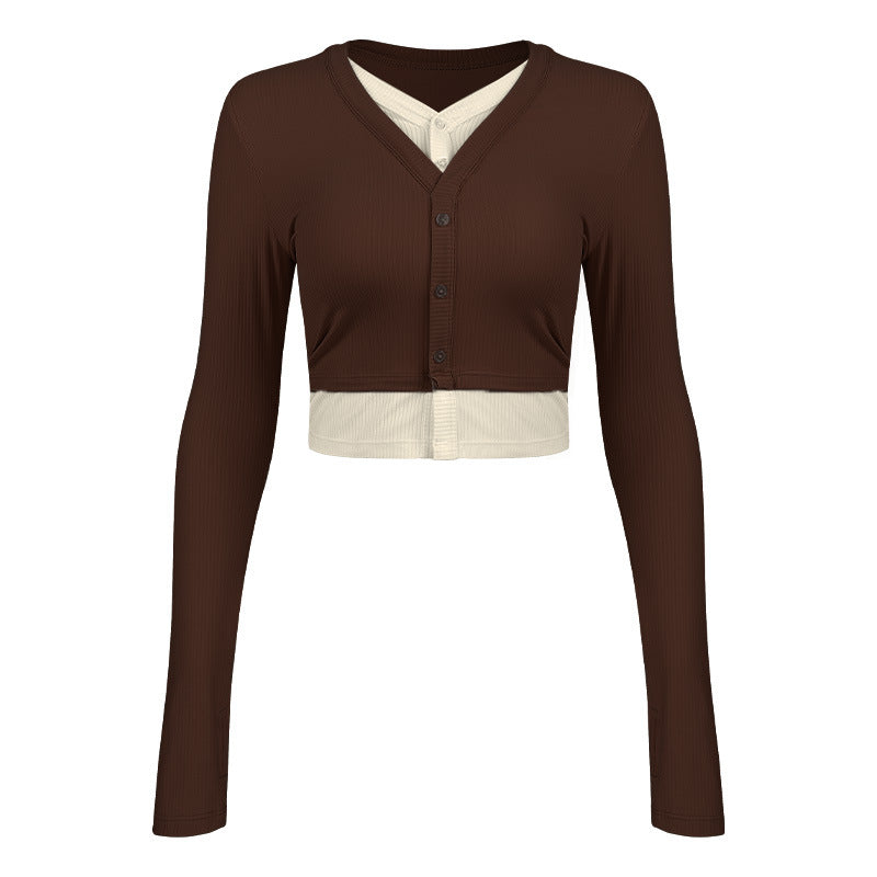 Women's stylish short-sleeved cropped shirt with V-neck and button details