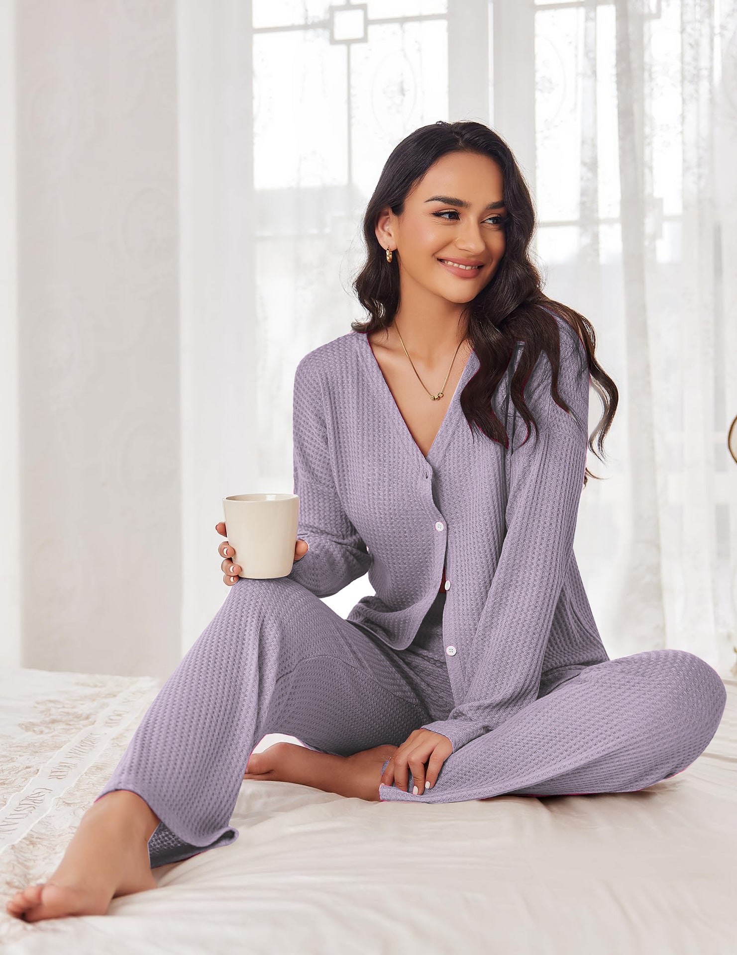Women's pajama set with long sleeves and button placket