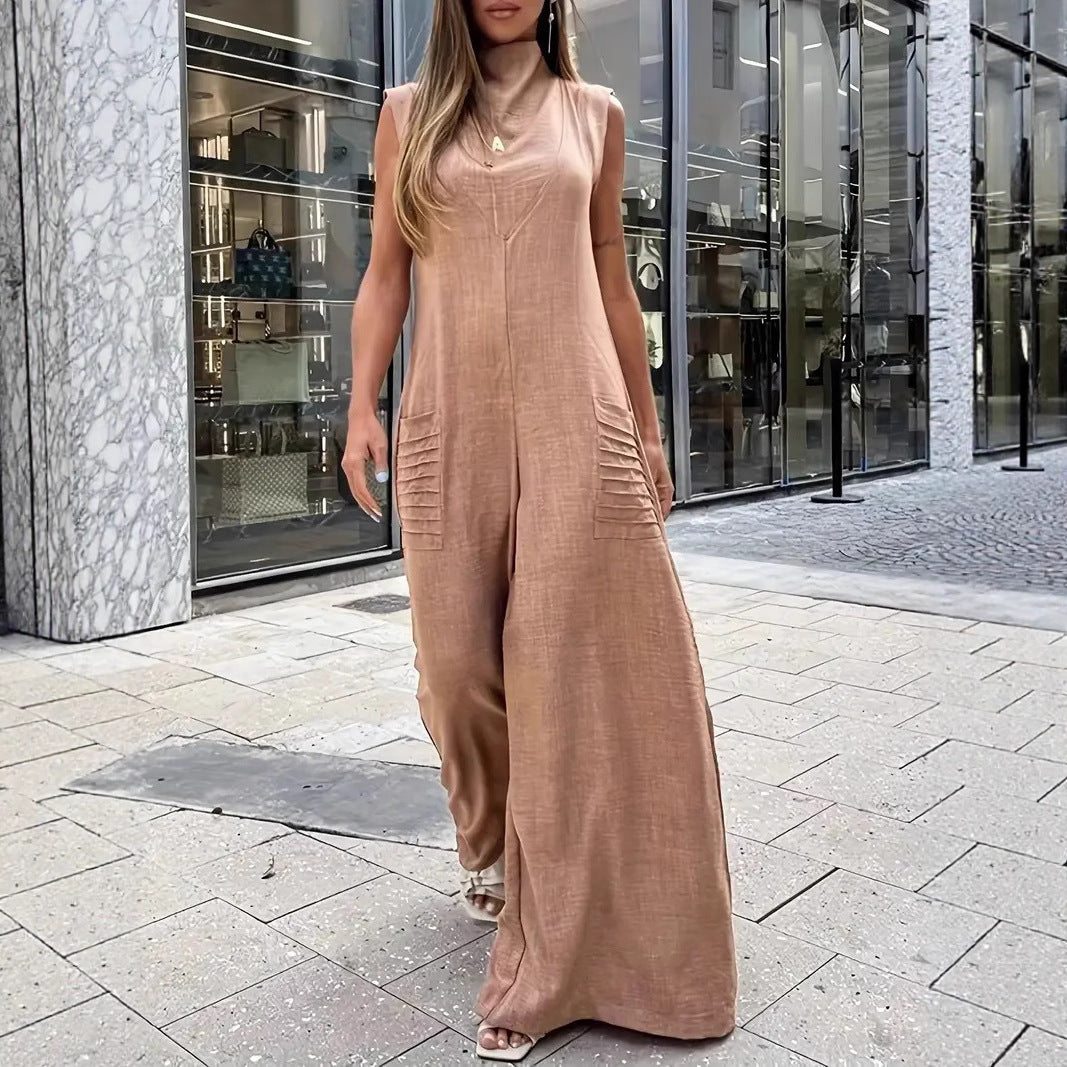 Ladies' airy maxi jumpsuit with decorative pleats and side pockets